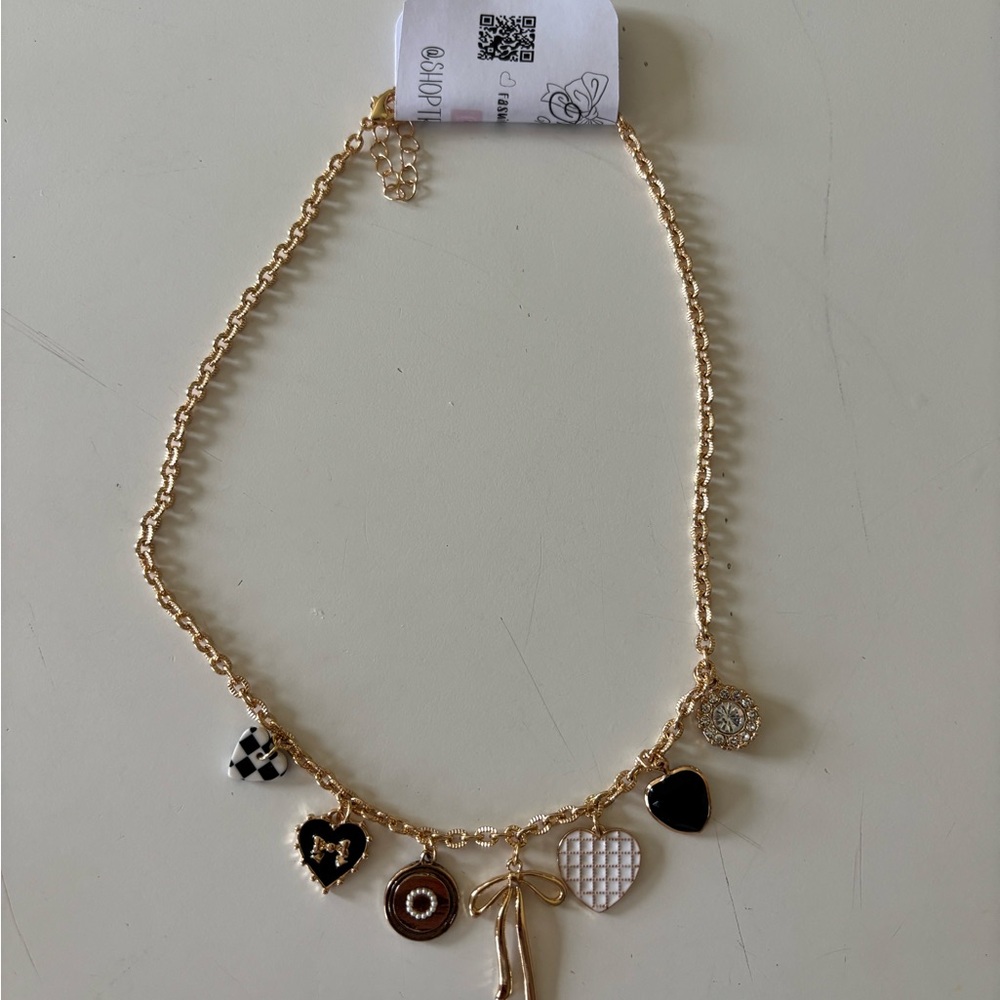 Gold Charm Necklace black white heart jewelry costume party travel work summer